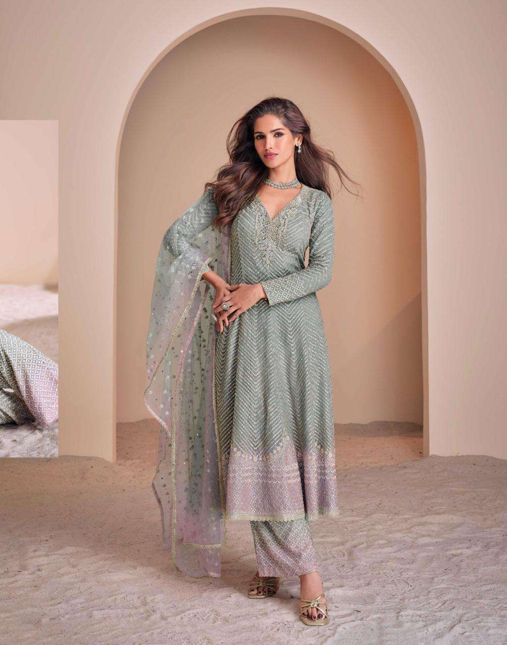 DESIGNER WEDDING PARTY WEAR HEAVY REAL GEORGETTE GRAY SHARARA SALWAR SUIT SY AAYNA 5672