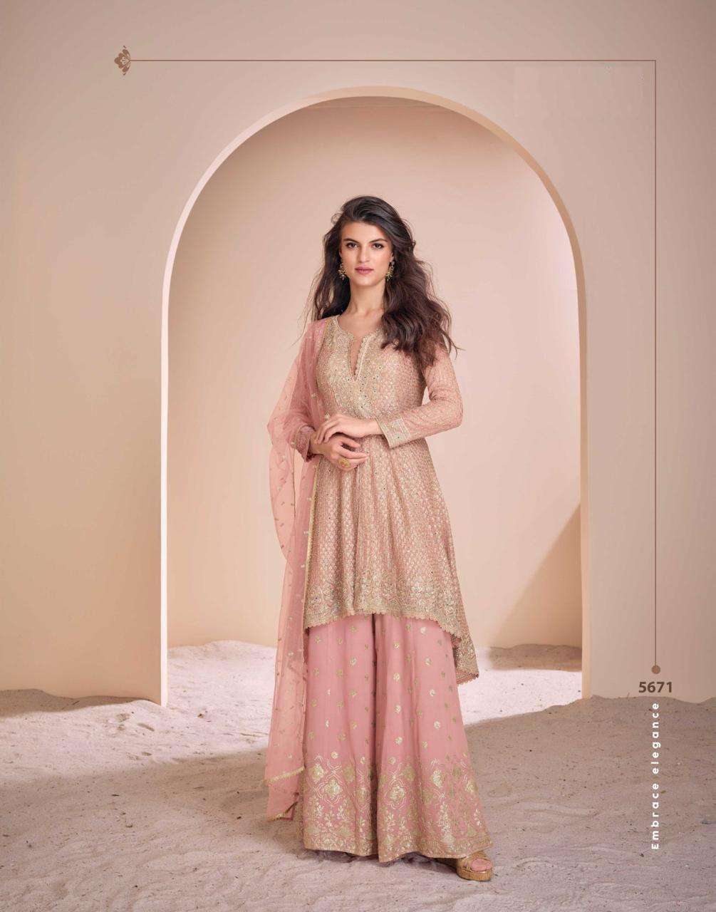 DESIGNER WEDDING PARTY WEAR HEAVY REAL GEORGETTE PEACH SHARARA SALWAR SUIT SY AAYNA 5671