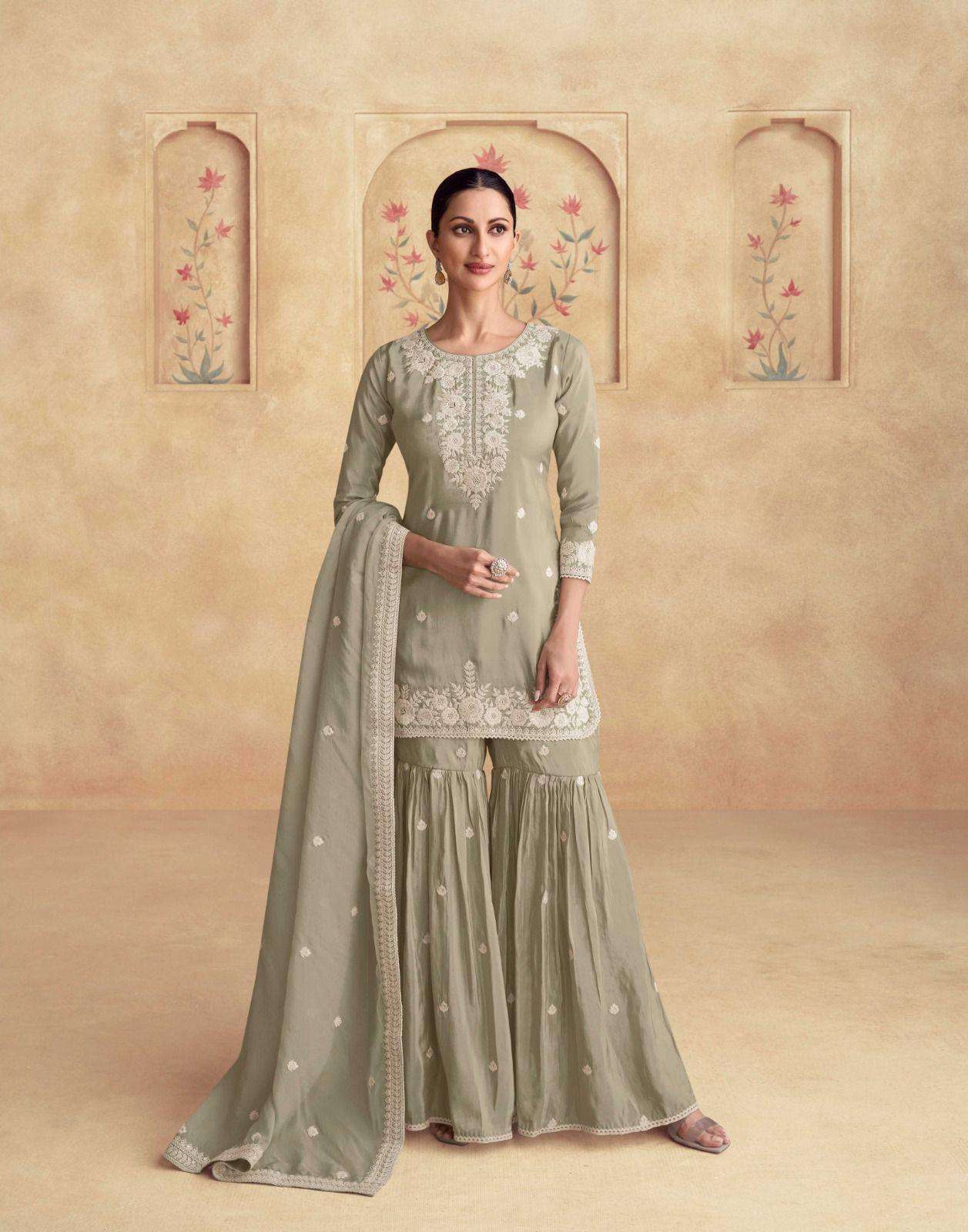 DESIGNER WEDDING PARTY WEAR HEAVY SIMAR SILK GREY SHARARA SALWAR SUIT SY SIMAR 10106