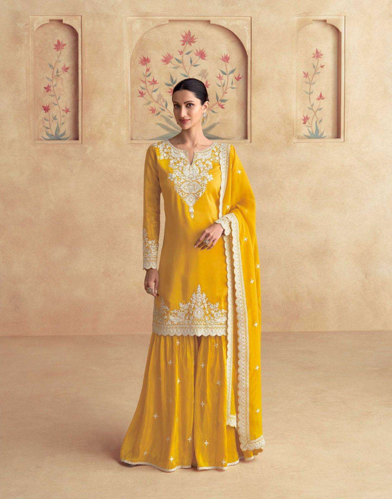 DESIGNER WEDDING PARTY WEAR HEAVY SIMAR SILK YELLOW SHARARA SALWAR SUIT SY SIMAR 10108