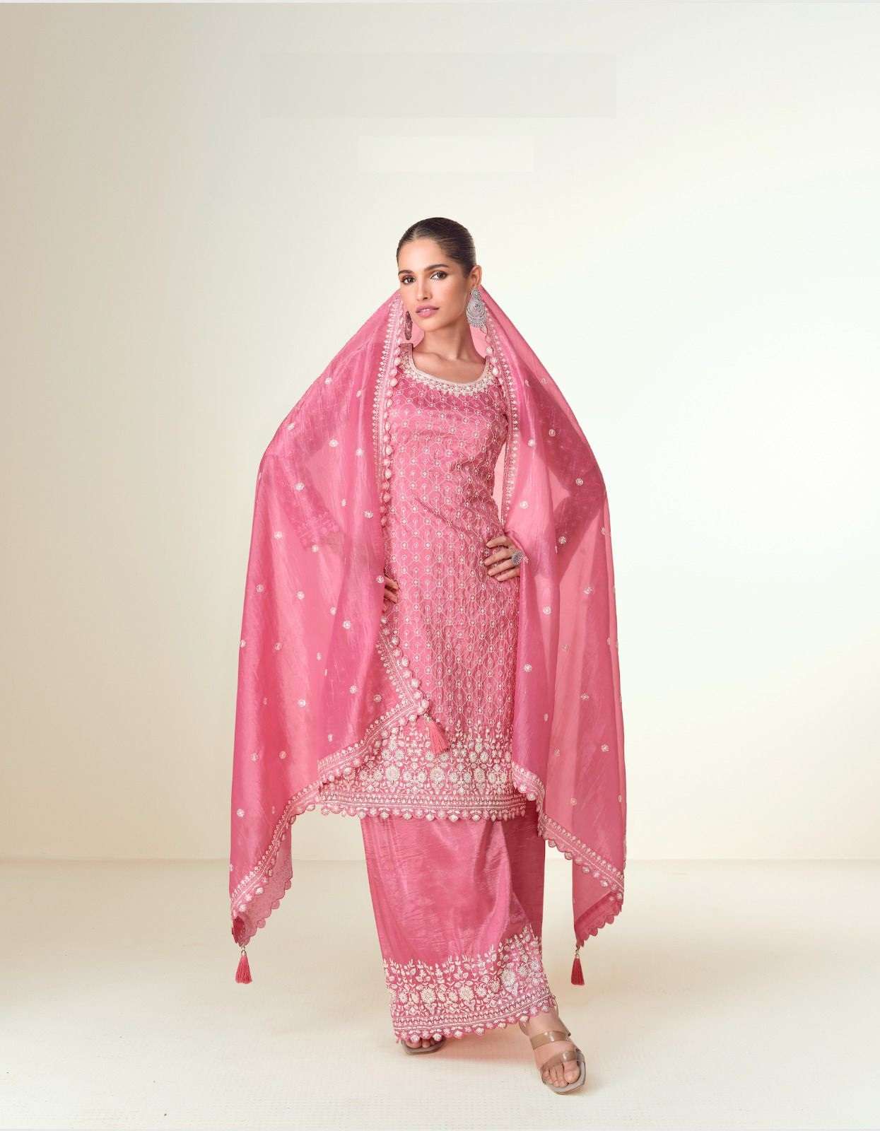 DESIGNER WEDDING PARTY WEAR HEAVY TISSUE SILK PINK SHARARA SALWAR SUIT AF ISHITA 10159