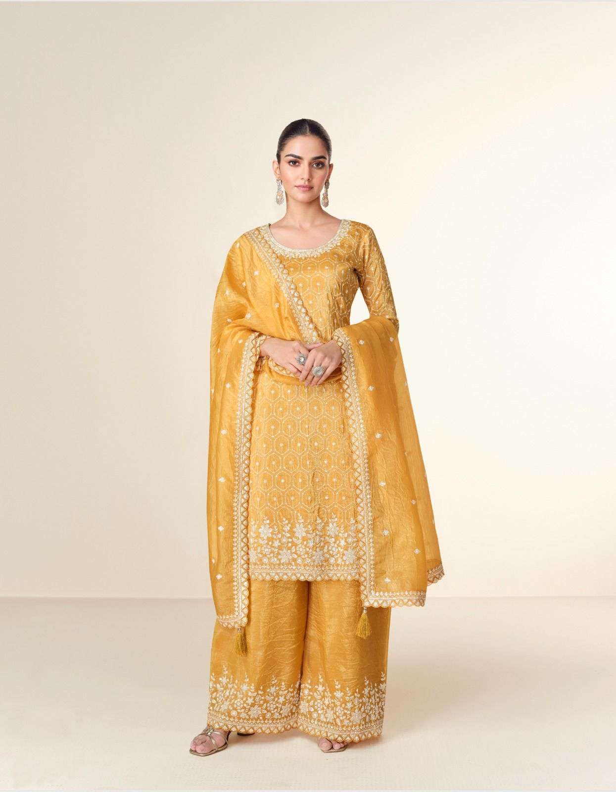 DESIGNER WEDDING PARTY WEAR HEAVY TISSUE SILK YELLOW SHARARA SALWAR SUIT AF ISHITA 10158