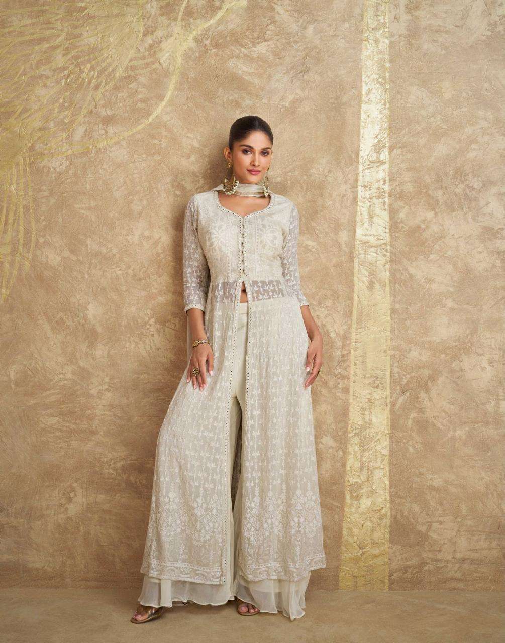 DESIGNER WEDDING PARTY WEAR REAL GEORGETTE WHITE TOP SHARARA FANCY SALWAR SUIT SY AZA 5636