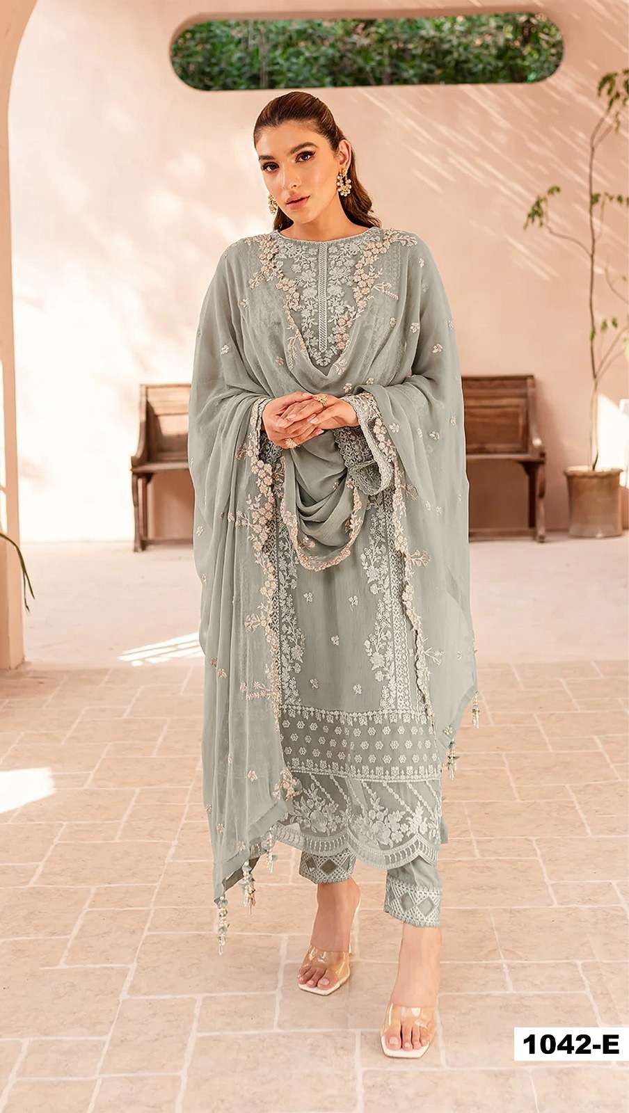 INDIAN DESIGNER FANCY WEDDING PARTY WEAR GREY PAKISTANI GEORGETTE SALWAR SUIT SRH 1042E