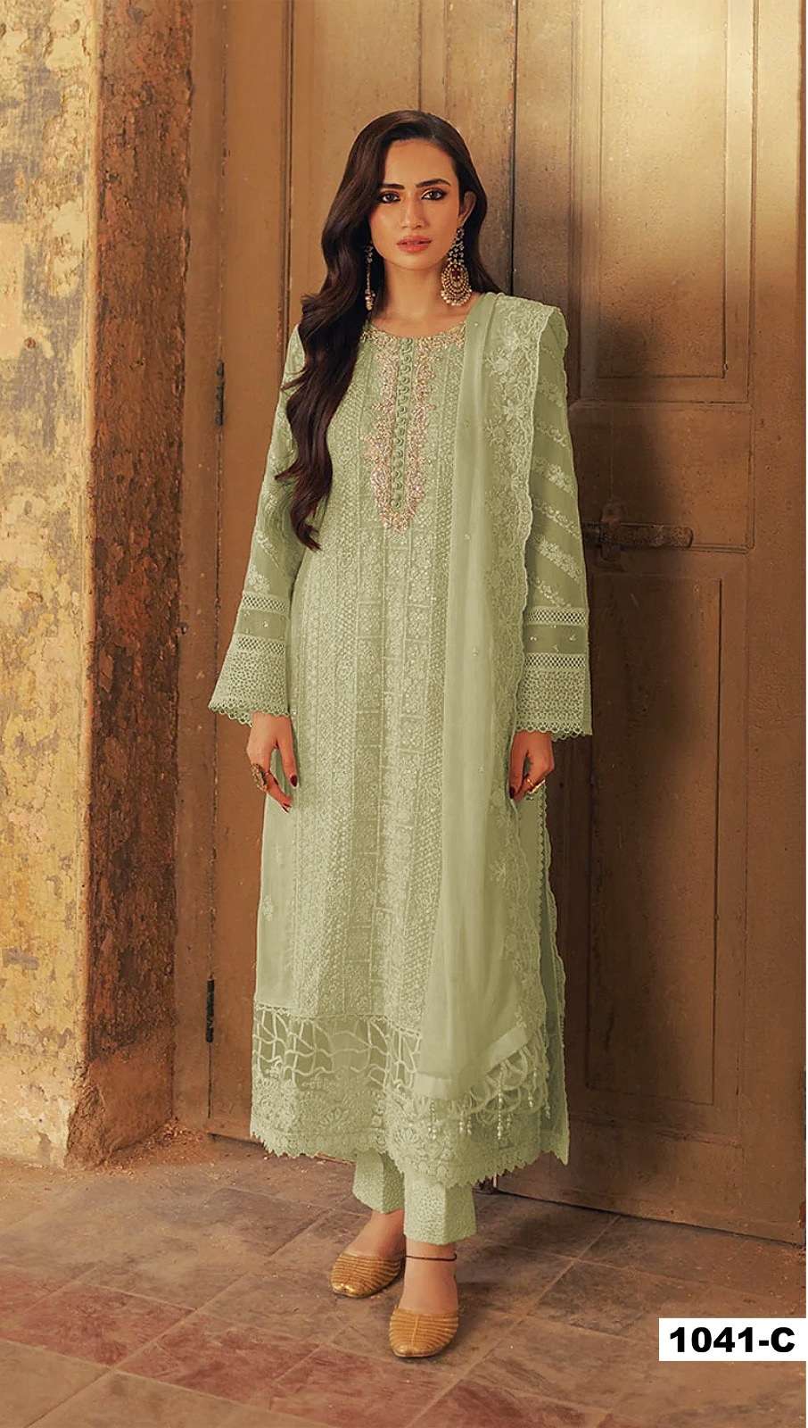 INDIAN DESIGNER FANCY WEDDING PARTY WEAR PISTA GREEN PAKISTANI GEORGETTE SALWAR SUIT SRH 1041 C