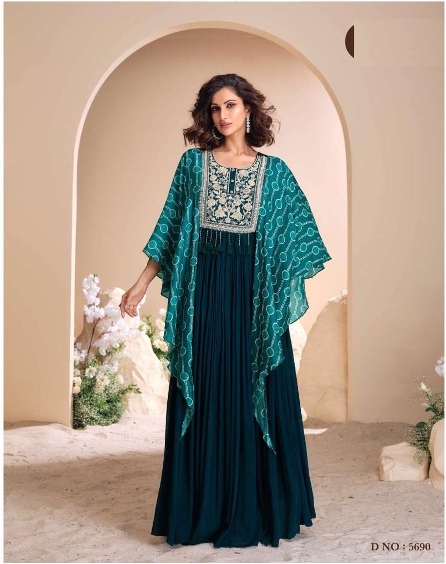 INDIAN DESIGNER PARTY WEAR CHINON SILK BLUE ANARKALI SALWAR SUIT GOWN SY MOHEY 5690