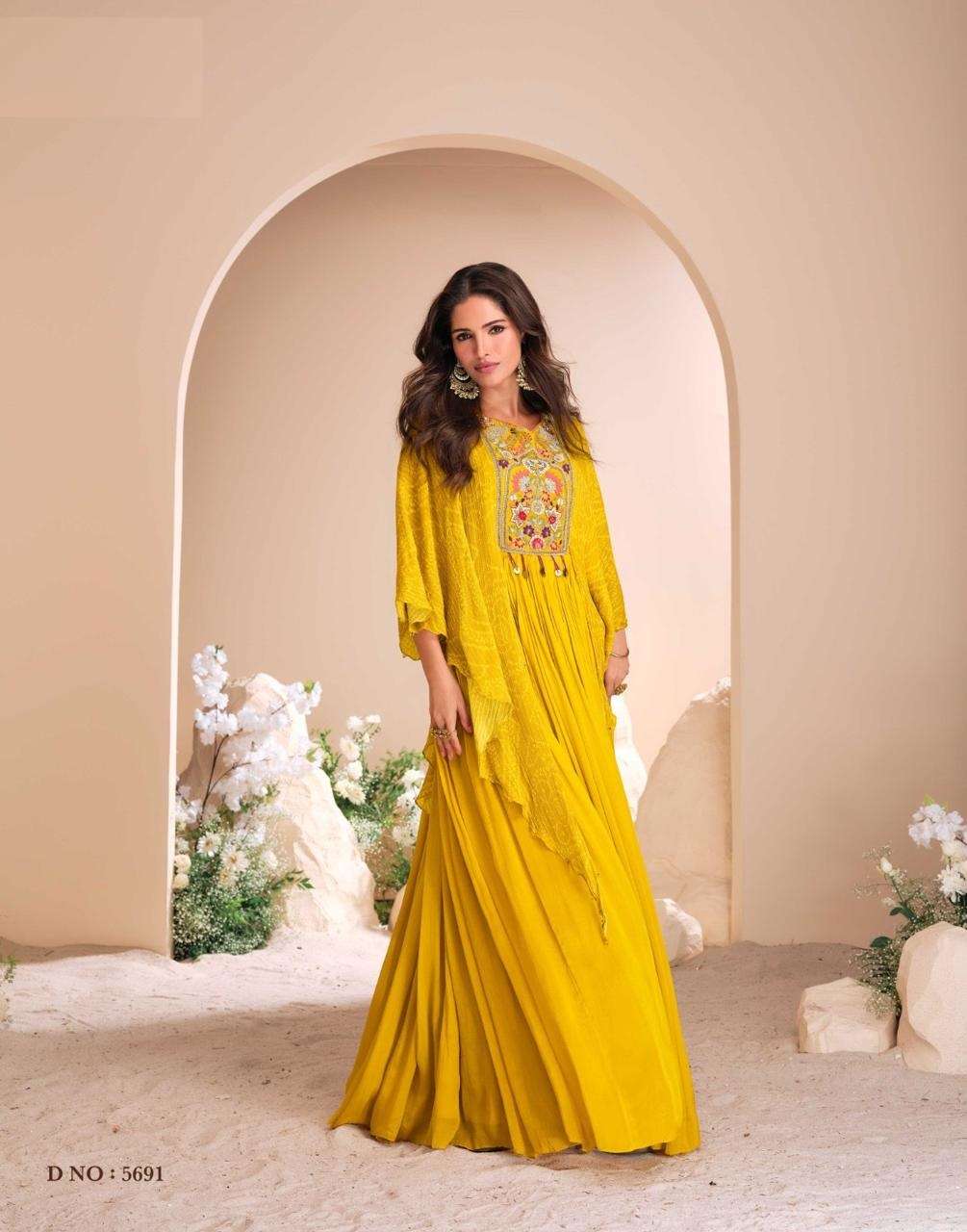 INDIAN DESIGNER PARTY WEAR CHINON SILK YELLOW ANARKALI SALWAR SUIT GOWN SY MOHEY 5691