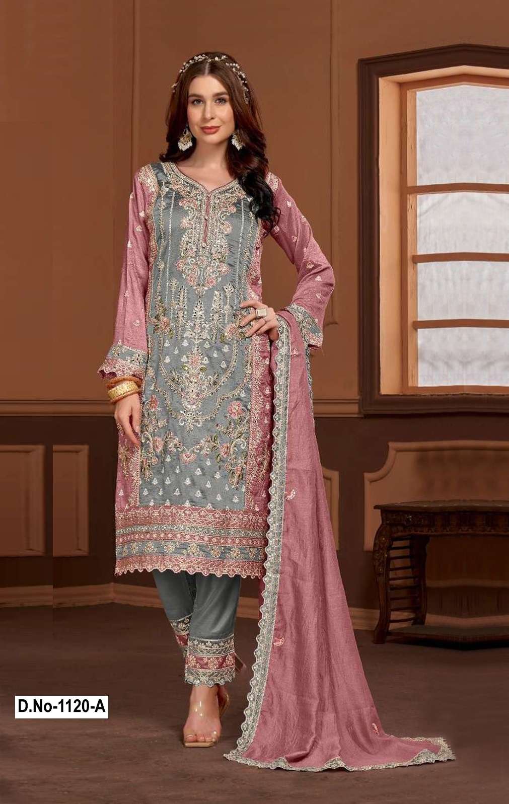 INDIAN DESIGNER PARTY WEAR PAKISTANI VICHITRA SILK GREY SALWAR SUIT SRH 1120 A