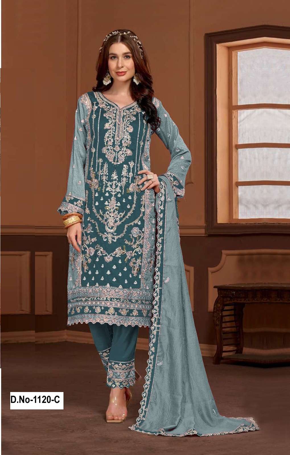 INDIAN DESIGNER PARTY WEAR PAKISTANI VICHITRA SILK BLUE SALWAR SUIT SRH 1120 C