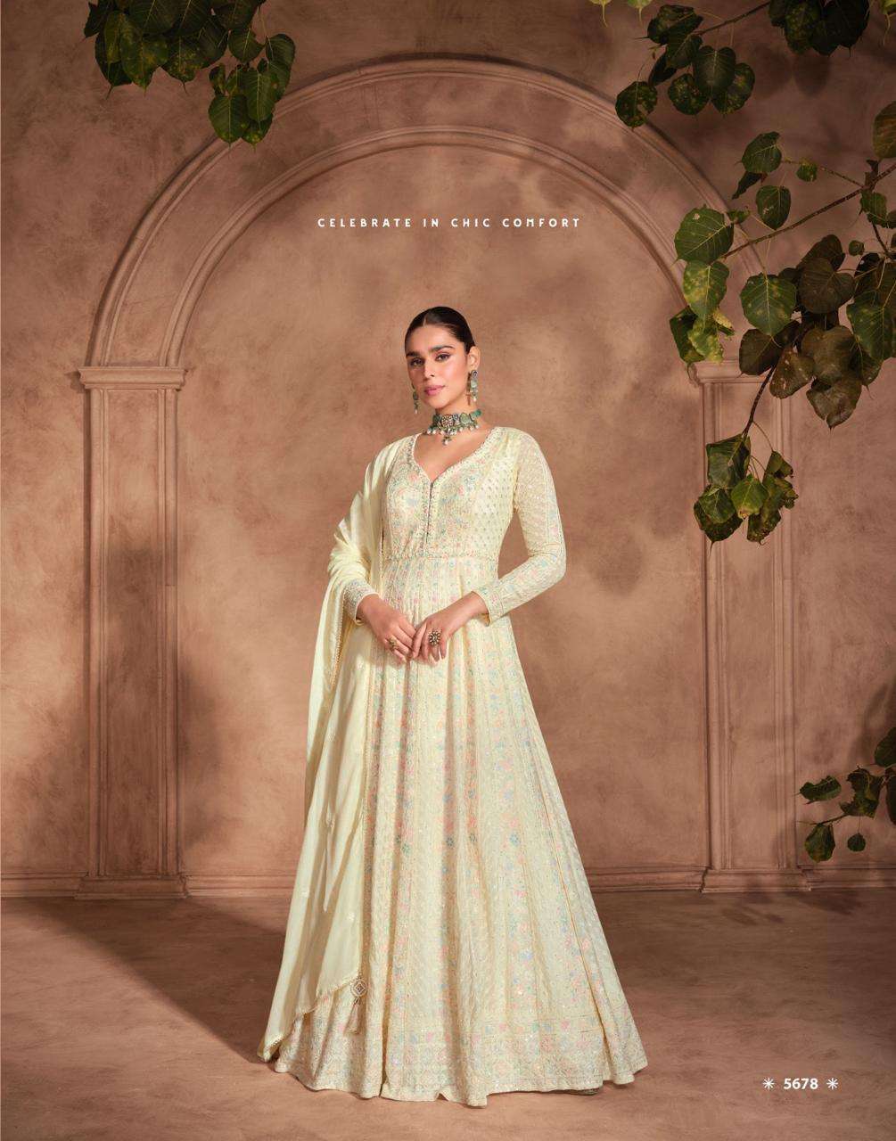 LATEST DESIGNER REAL GEORGETTE BEIGE ANARKALI GOWN FOR WEDDING PARTY WEAR SALWAR SUIT LONG GOWN SY IZHAAR 5678