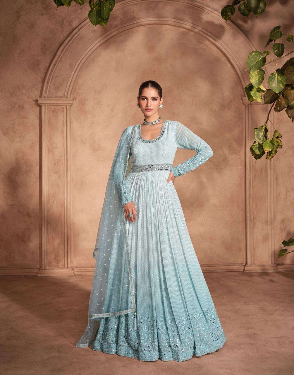 LATEST DESIGNER REAL GEORGETTE SKY BLUE ANARKALI GOWN FOR WEDDING PARTY WEAR SALWAR SUIT LONG GOWN SY IZHAAR 5677