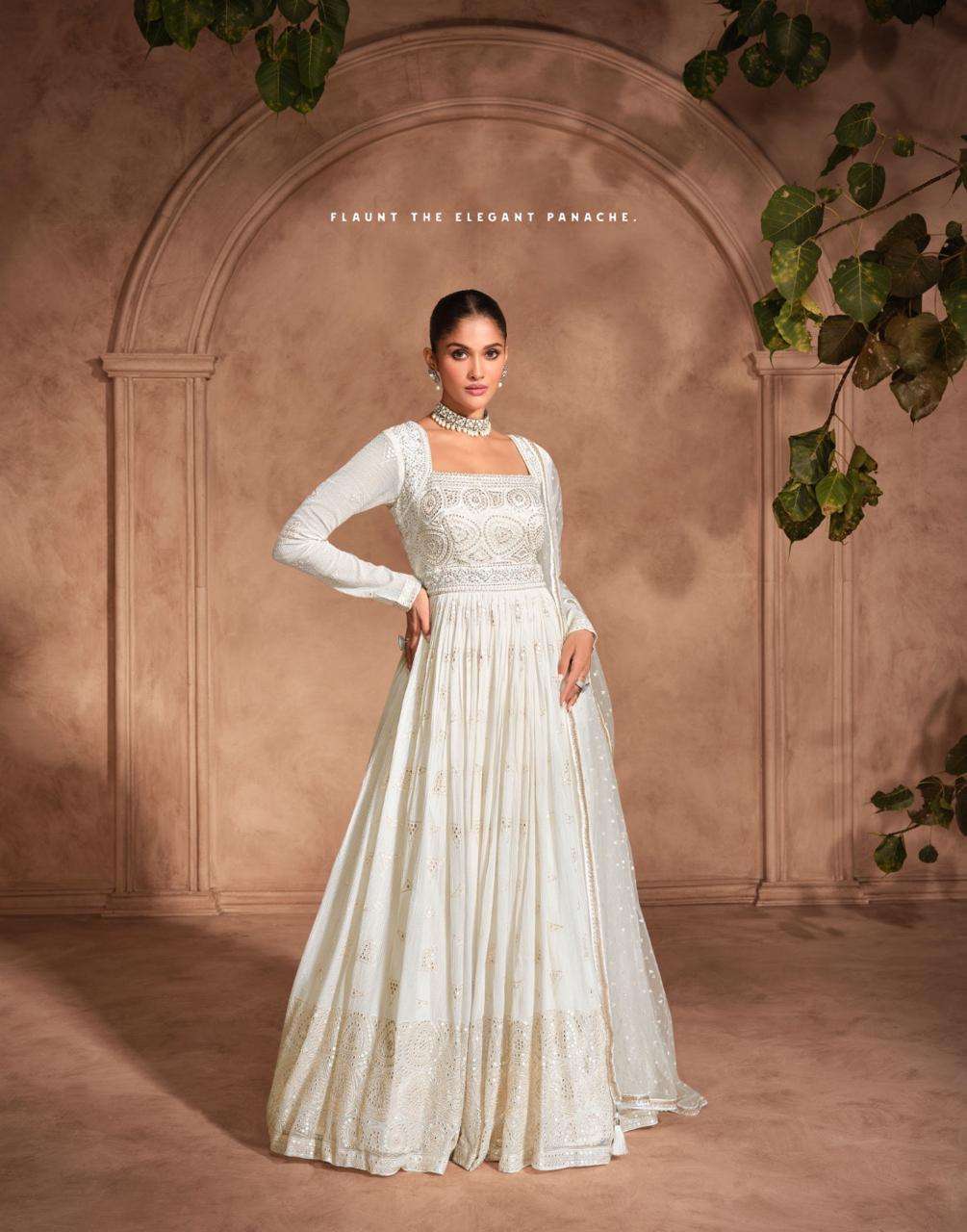 LATEST DESIGNER REAL GEORGETTE WHITE ANARKALI GOWN FOR WEDDING PARTY WEAR SALWAR SUIT LONG GOWN SY IZHAAR 5676