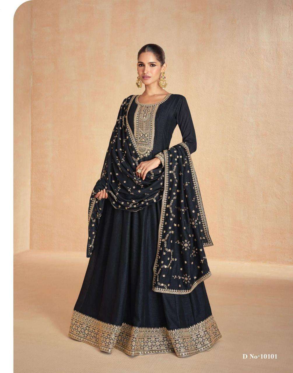 LATEST DESIGNER SILK BLACK ANARKALI GOWN FOR WEDDING PARTY WEAR SALWAR SUIT LONG GOWN SY TANISHA 10101