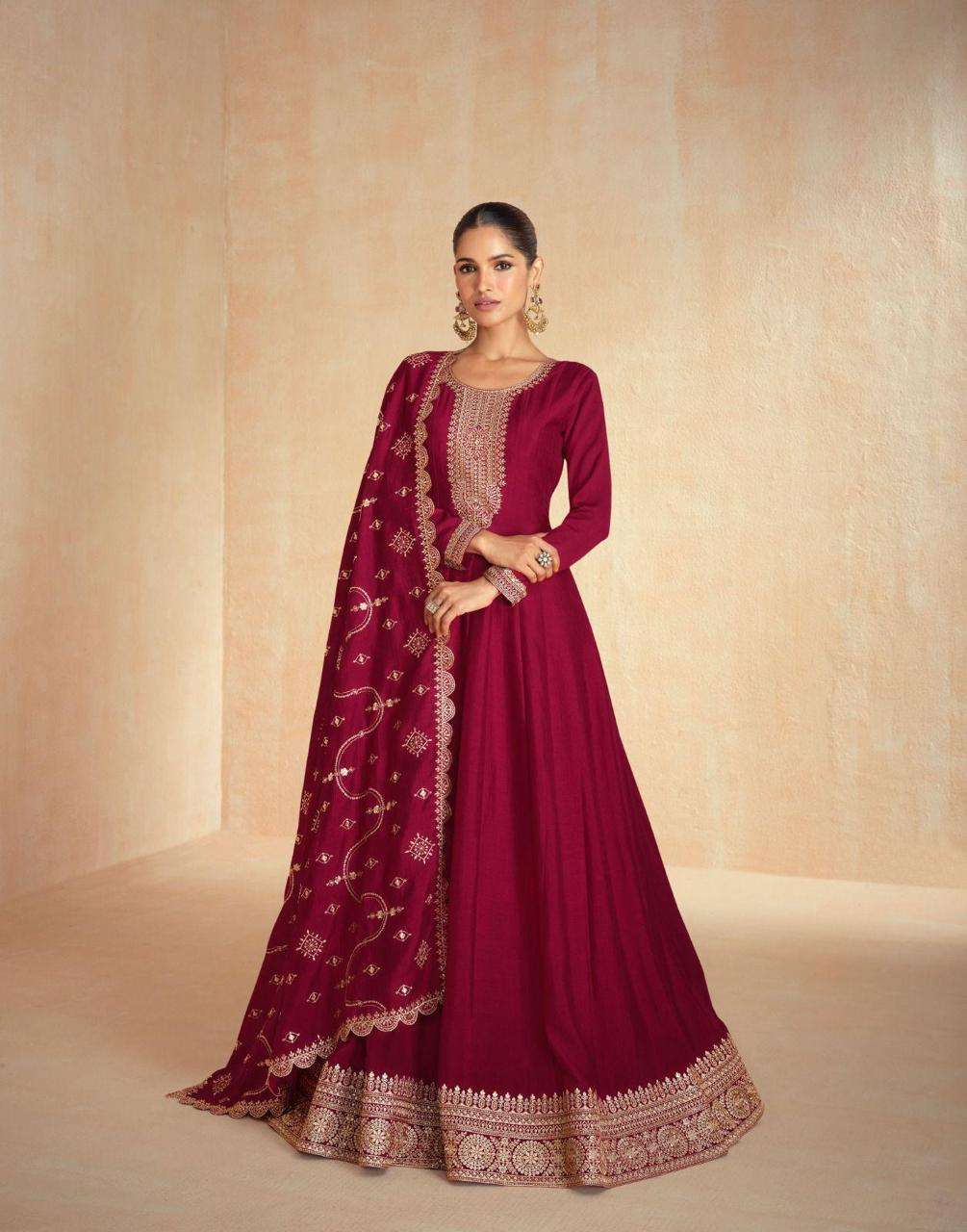 LATEST DESIGNER SILK RED ANARKALI GOWN FOR WEDDING PARTY WEAR SALWAR SUIT LONG GOWN SY TANISHA 10099