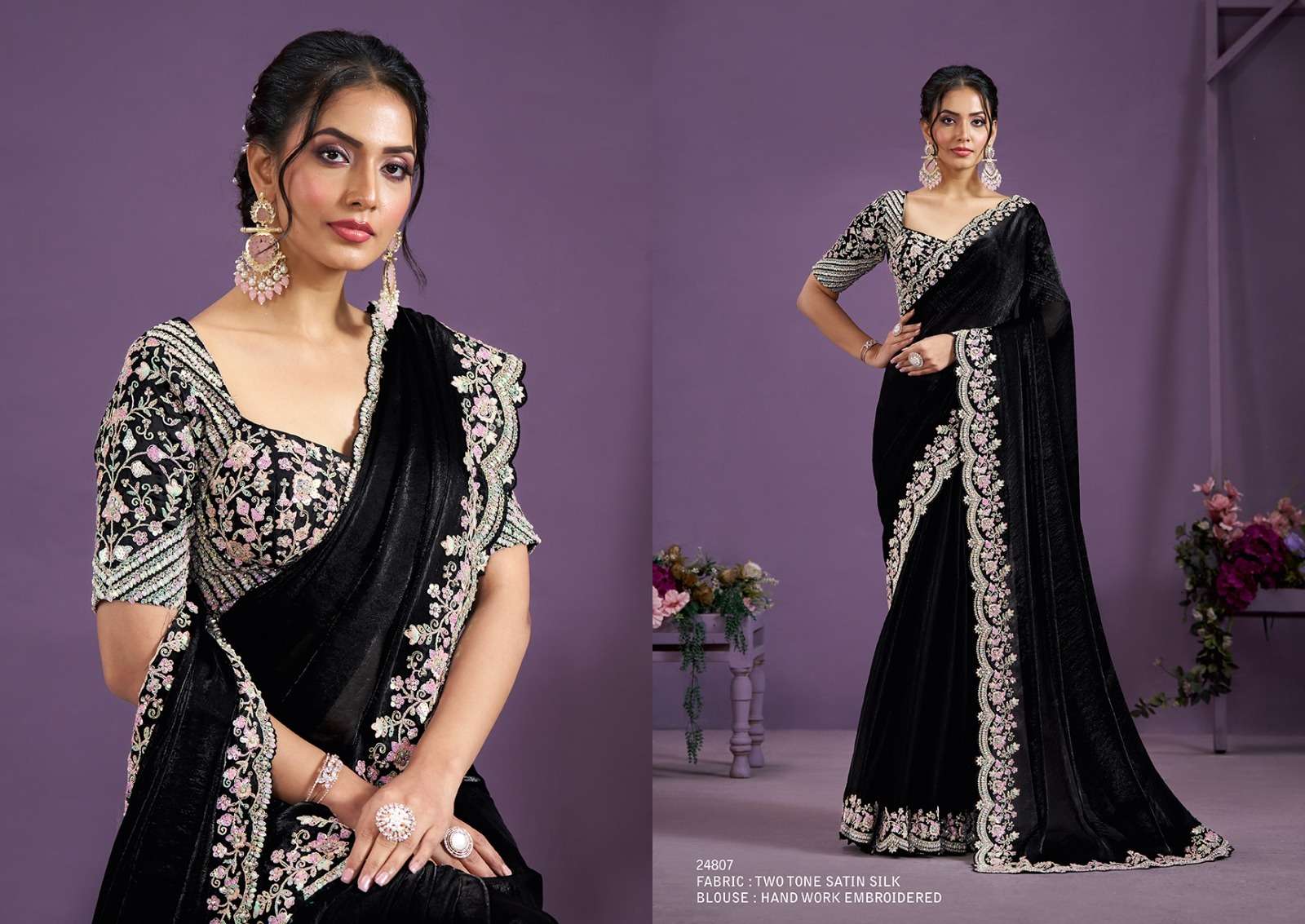 WEDDING SEASON DESIGNER WEAR HEAVY SATIN SILK BLACK SAREE COLLECTION SM MHTSV 24807