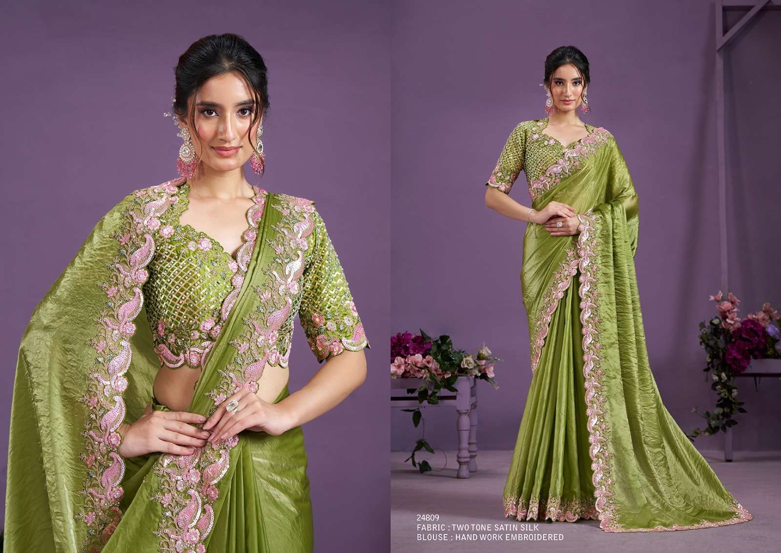 WEDDING SEASON DESIGNER WEAR HEAVY SATIN SILK GREEN SAREE COLLECTION SM MHTSV 24809