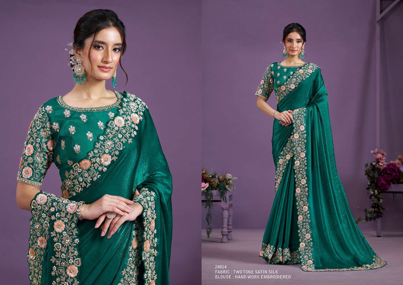 WEDDING SEASON DESIGNER WEAR HEAVY SATIN SILK GREEN SAREE COLLECTION SM MHTSV 24814