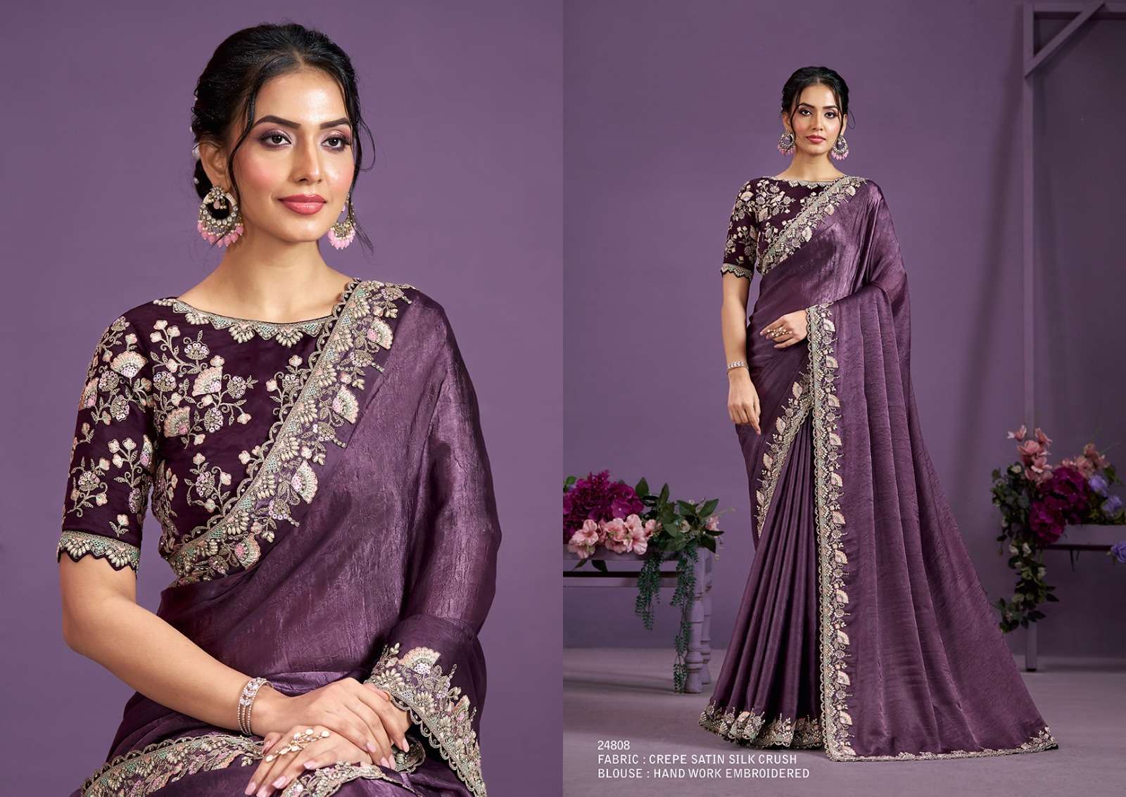 WEDDING SEASON DESIGNER WEAR HEAVY SATIN SILK PURPLE SAREE COLLECTION SM MHTSV 24808