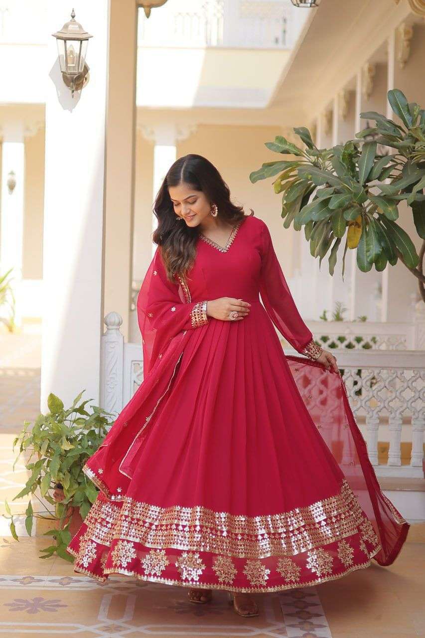 DESIGNER FANCY GEORGETTE RANI RED ANARKALI SALWAR SUIT NEW COLLECTION LV 9166 A