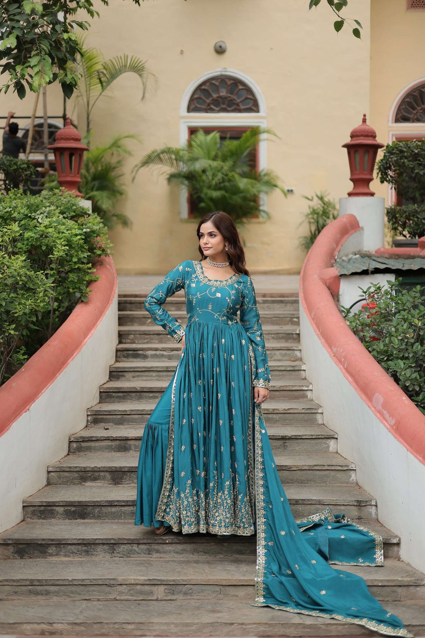 DESIGNER FANCY WEDDING PARTY WEAR CHINON SILK BLUE SHARARA SALWAR SUIT LW 9193 A