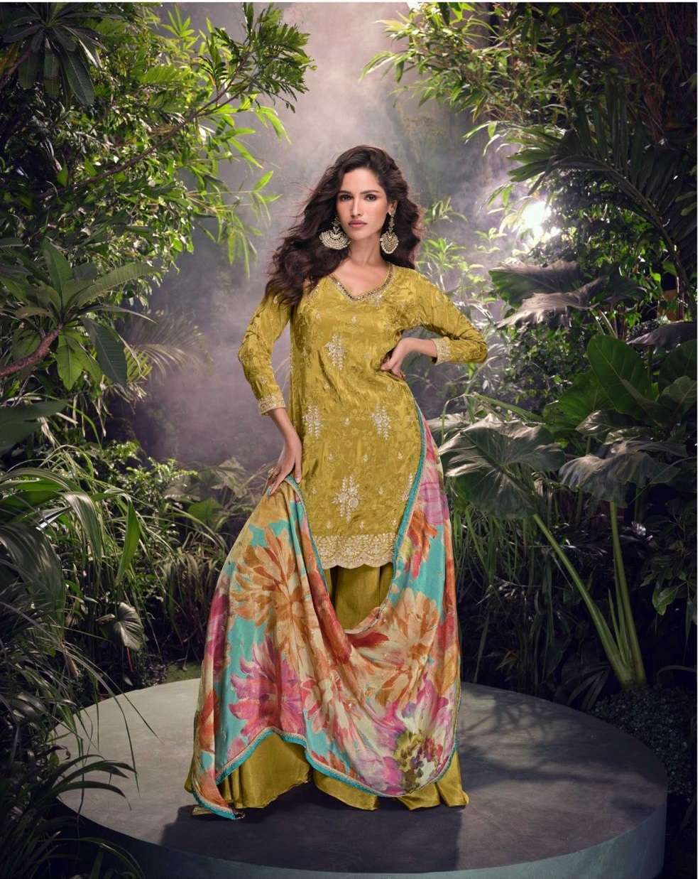 DESIGNER FANCY WEDDING PARTY WEAR CHINON SILK GREEN PALLAZO SHARARA SALWAR SUIT SY SHEHNAZ 5709