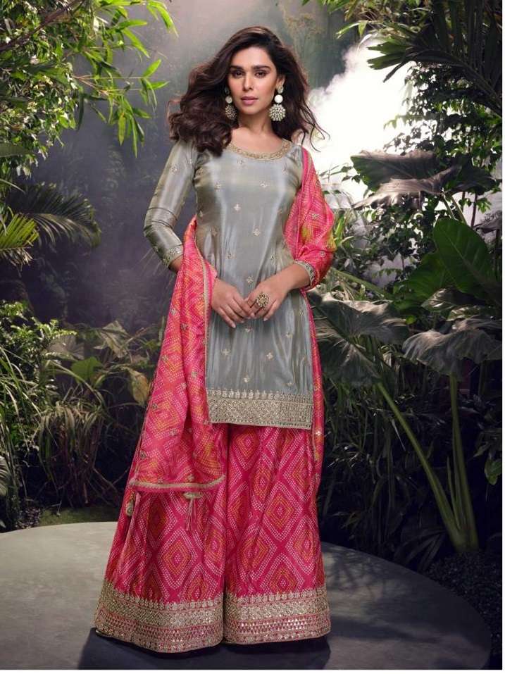 DESIGNER FANCY WEDDING PARTY WEAR CHINON SILK GREY PALLAZO SHARARA SALWAR SUIT SY SHEHNAZ 5710