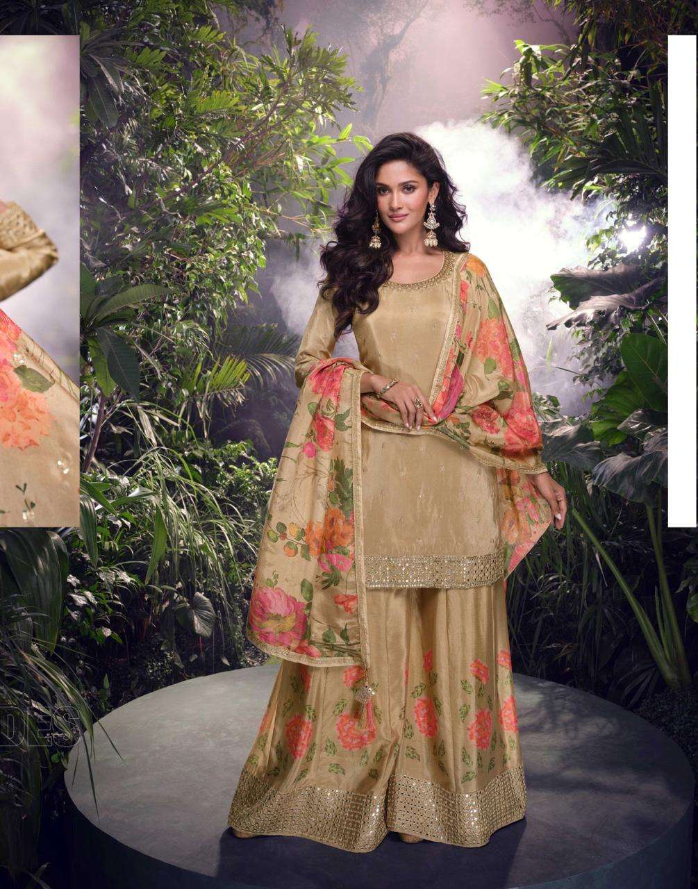 DESIGNER FANCY WEDDING PARTY WEAR CHINON SILK PALLAZO CHIKU SHARARA SALWAR SUIT SY SHEHNAZ 5711