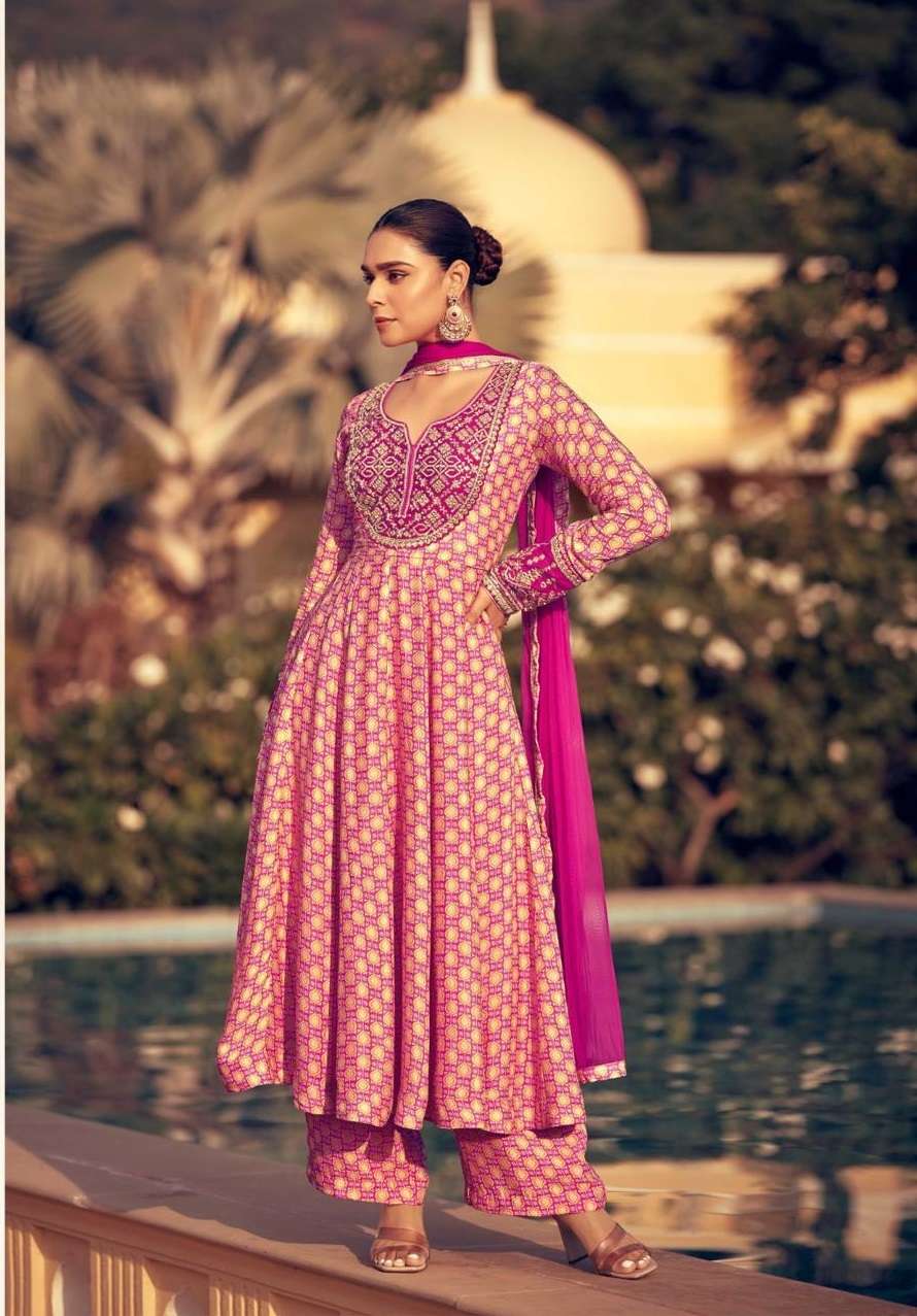 DESIGNER FANCY WEDDING PARTY WEAR CHINON SILK PINK PALLAZO SHARARA SALWAR SUIT SY KASIDA 5713