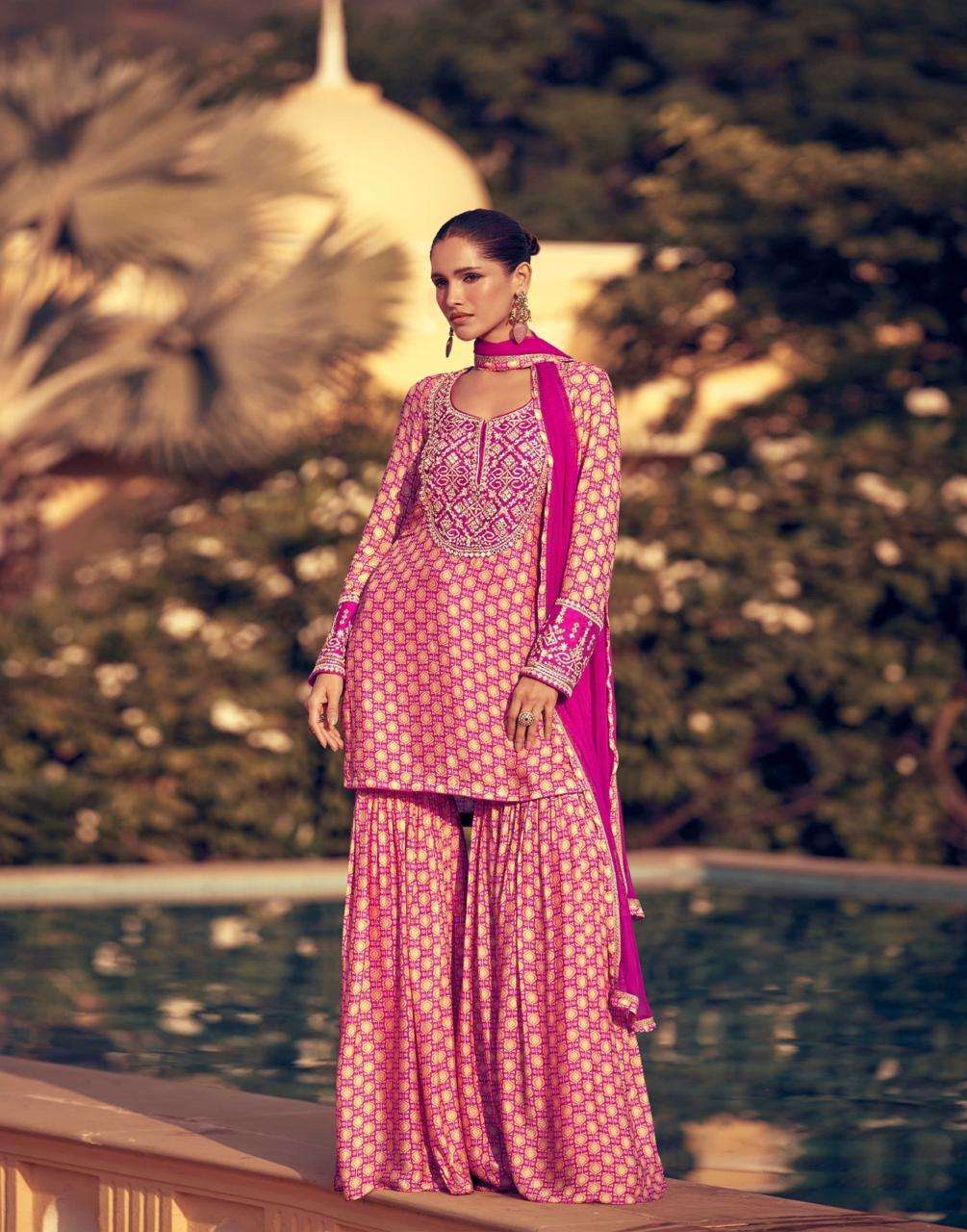 DESIGNER FANCY WEDDING PARTY WEAR CHINON SILK PINK PALLAZO SHARARA SALWAR SUIT SY KASIDA 5714