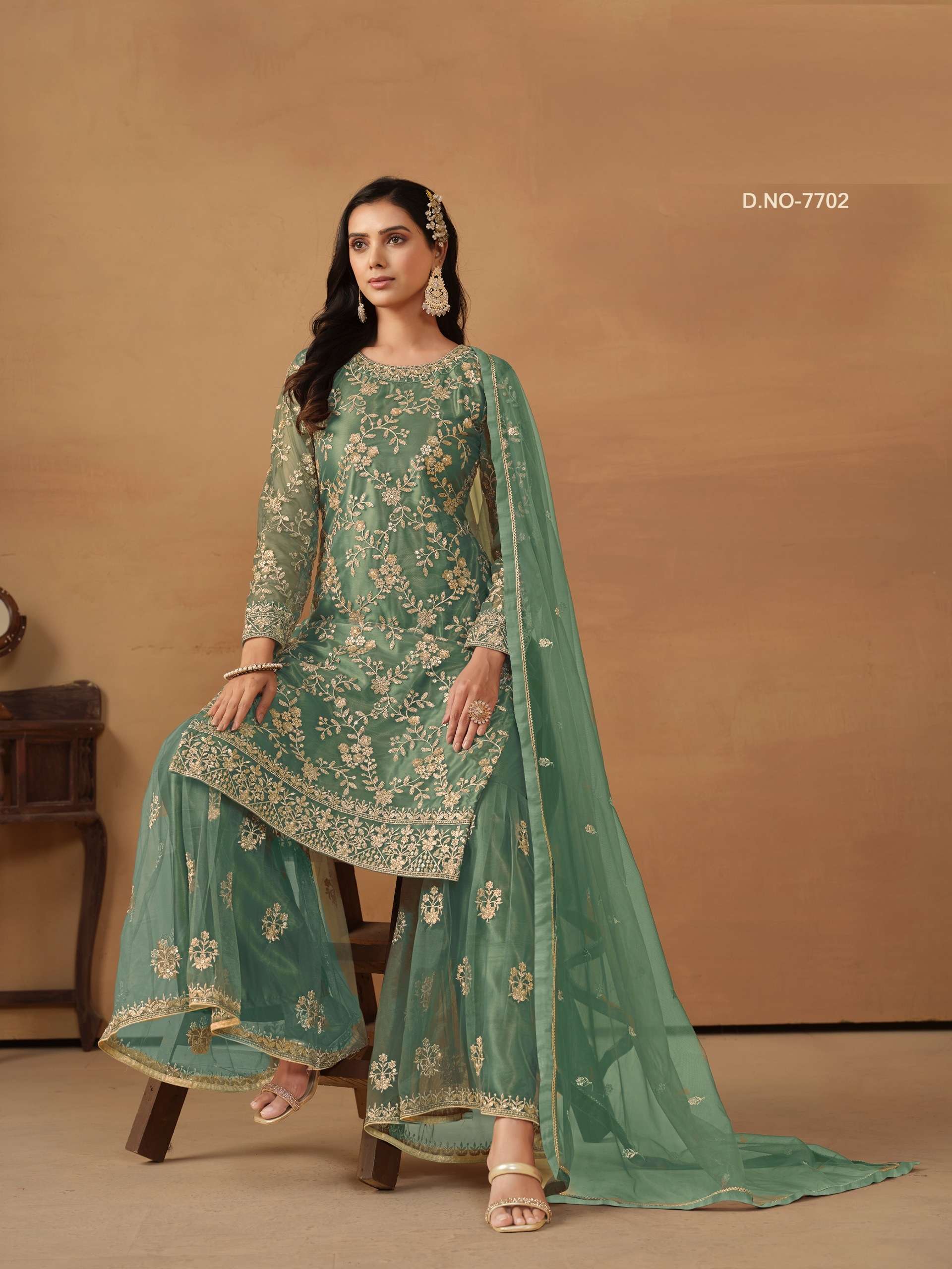 DESIGNER FANCY WEDDING PARTY WEAR GREEN NET PALLAZO SHARARA SALWAR SUIT ANY 7702