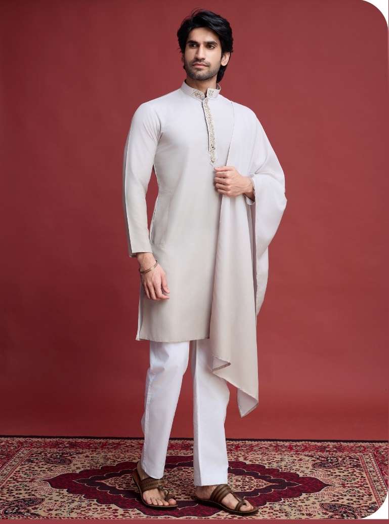 DESIGNER FANCY WEDDING PARTY WEAR HEAVY BEIGE COLOR RAYON COTTON READYMADE MENS INDIAN KURTA KF 61002