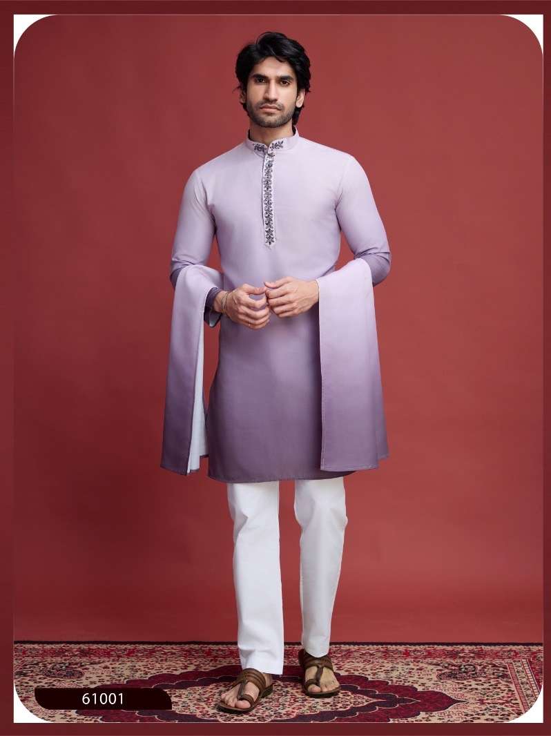 DESIGNER FANCY WEDDING PARTY WEAR HEAVY PURPLE COLOR RAYON COTTON READYMADE MENS INDIAN KURTA KF 61001