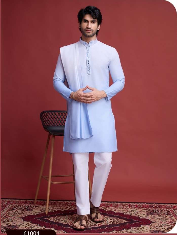 DESIGNER FANCY WEDDING PARTY WEAR HEAVY SKY BLUE RAYON COTTON READYMADE MENS INDIAN KURTA KF 61004