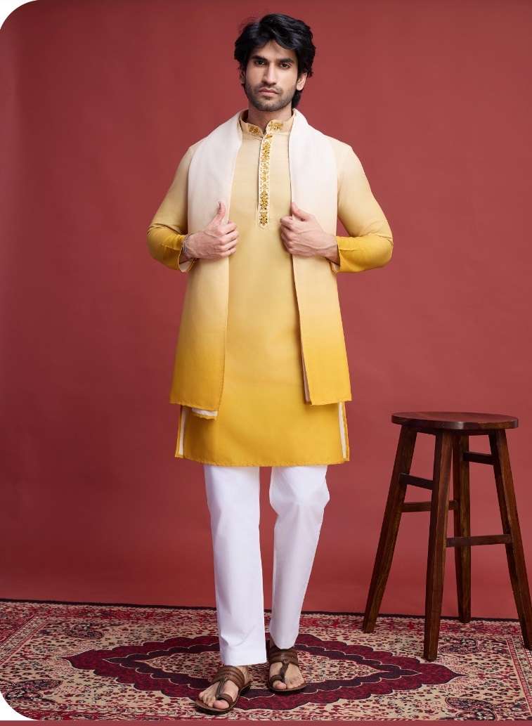 DESIGNER FANCY WEDDING PARTY WEAR HEAVY YELLOW RAYON COTTON READYMADE MENS INDIAN KURTA KF 61003