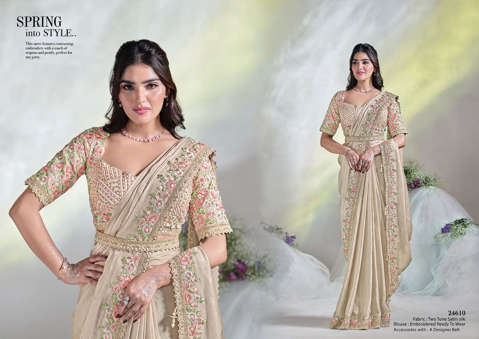 DESIGNER FANCY WEDDING PARTY WEAR INDIAN BEIGE SARTIN SILK SAREE COLLECTION NVN MAHTSAV 24610