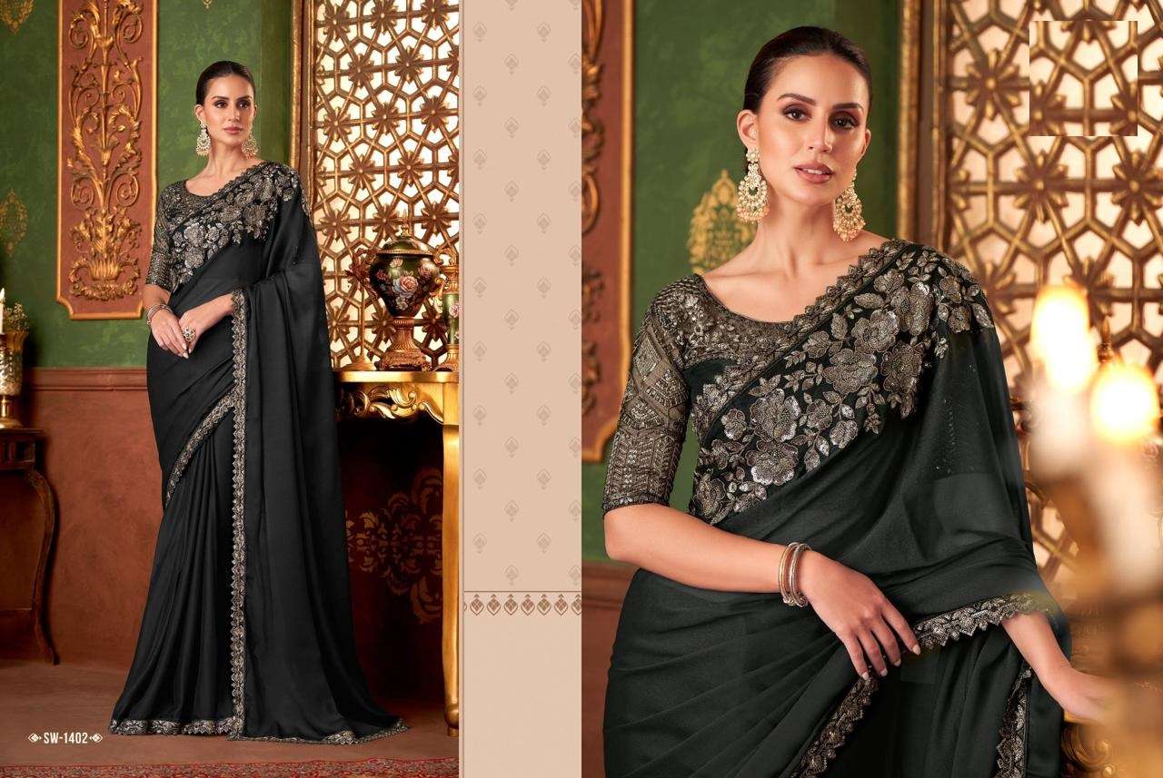 DESIGNER FANCY WEDDING PARTY WEAR INDIAN BLACK SARTIN SILK SAREE COLLECTION SM TFH 1402