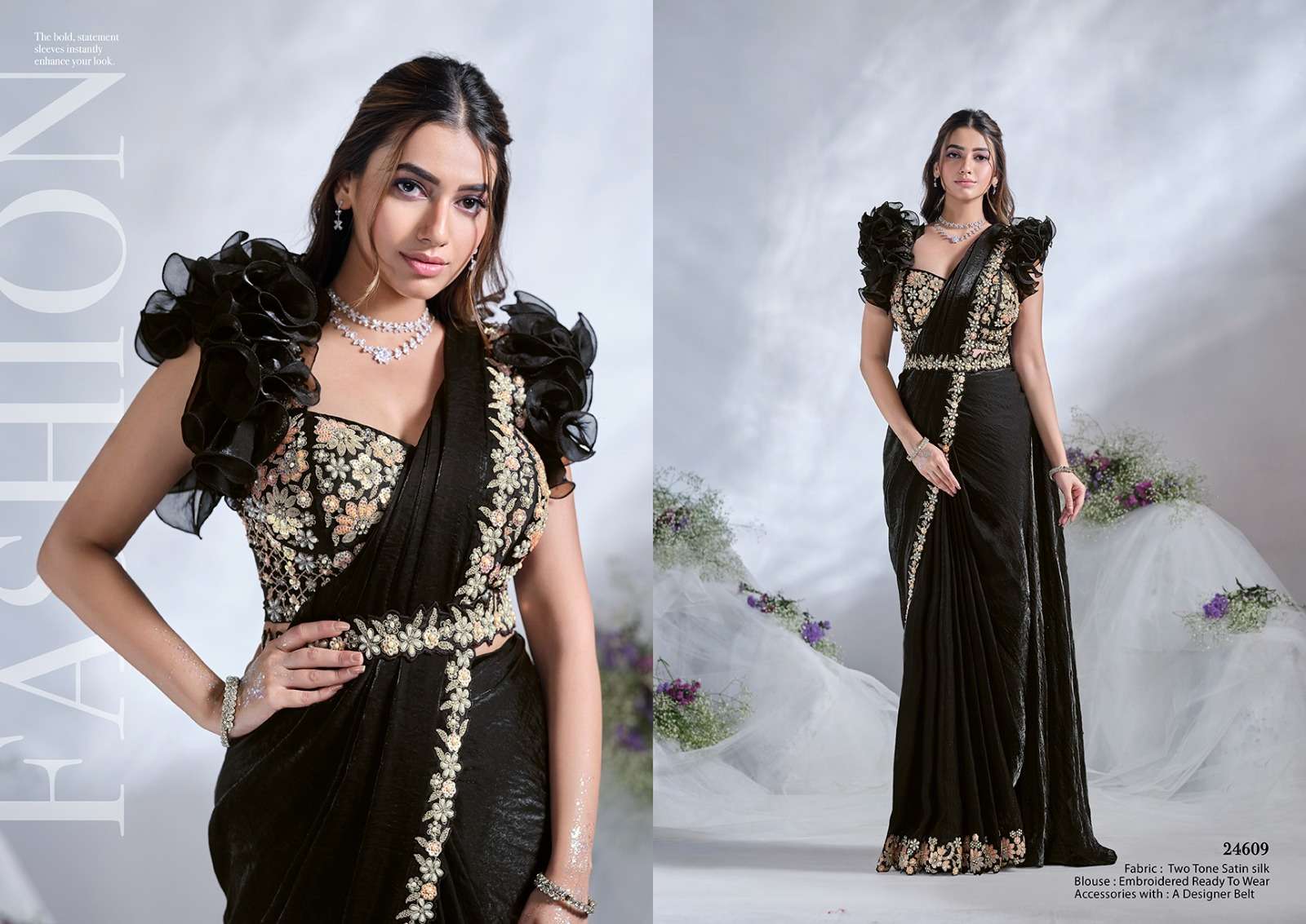 DESIGNER FANCY WEDDING PARTY WEAR INDIAN BLACK SARTIN SILK SAREE COLLECTION NVN MAHTSAV 24609