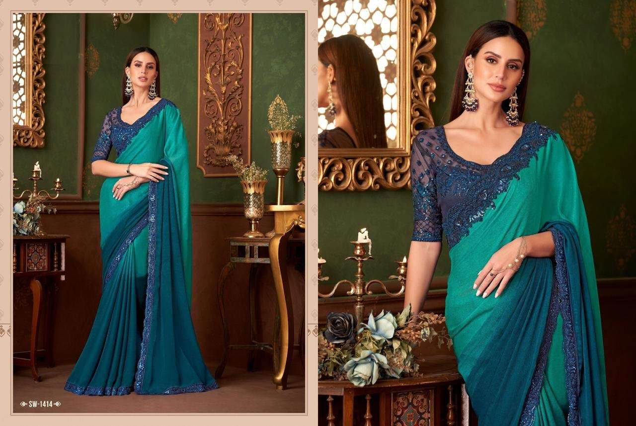 DESIGNER FANCY WEDDING PARTY WEAR INDIAN BLUE GREEN SARTIN SILK SAREE COLLECTION SM TFH 1414