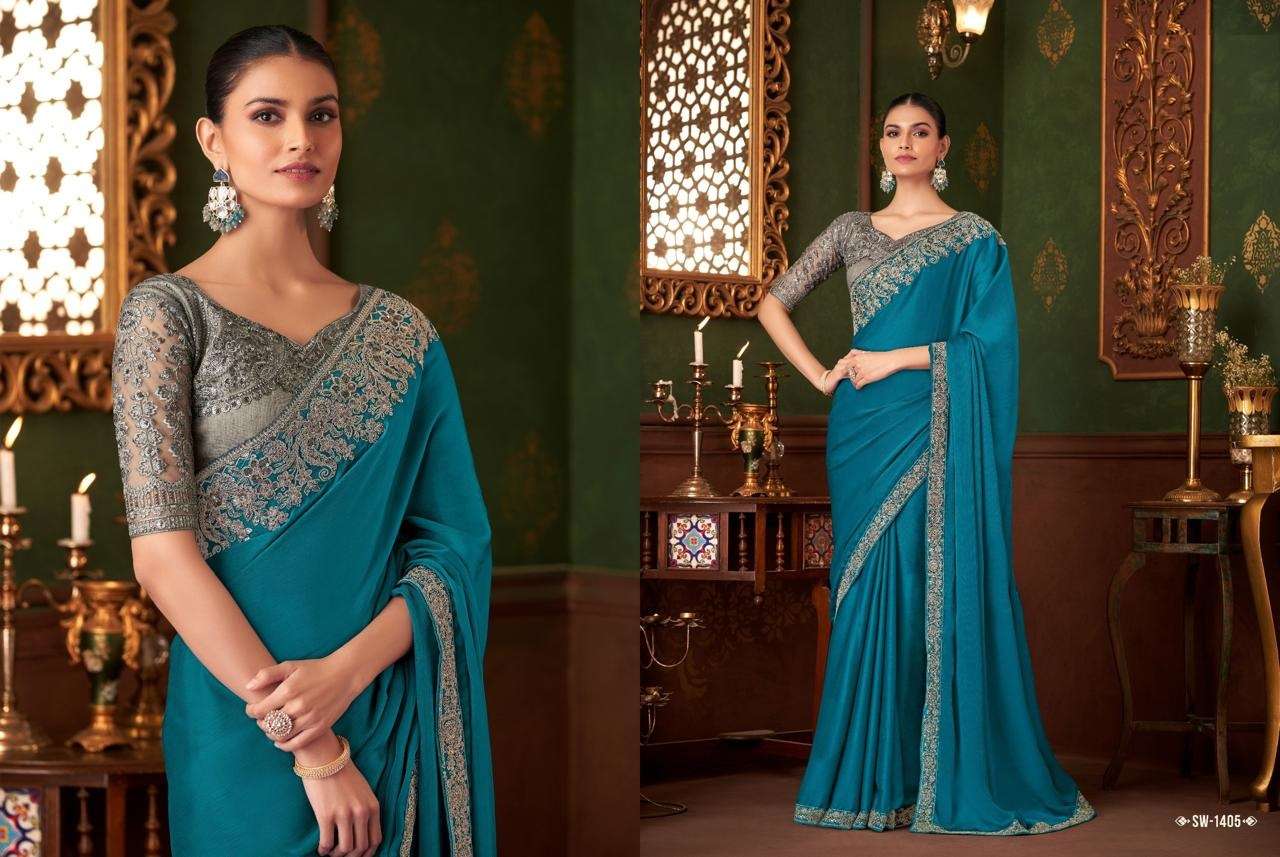 DESIGNER FANCY WEDDING PARTY WEAR INDIAN BLUE SARTIN SILK SAREE COLLECTION SM TFH 1405