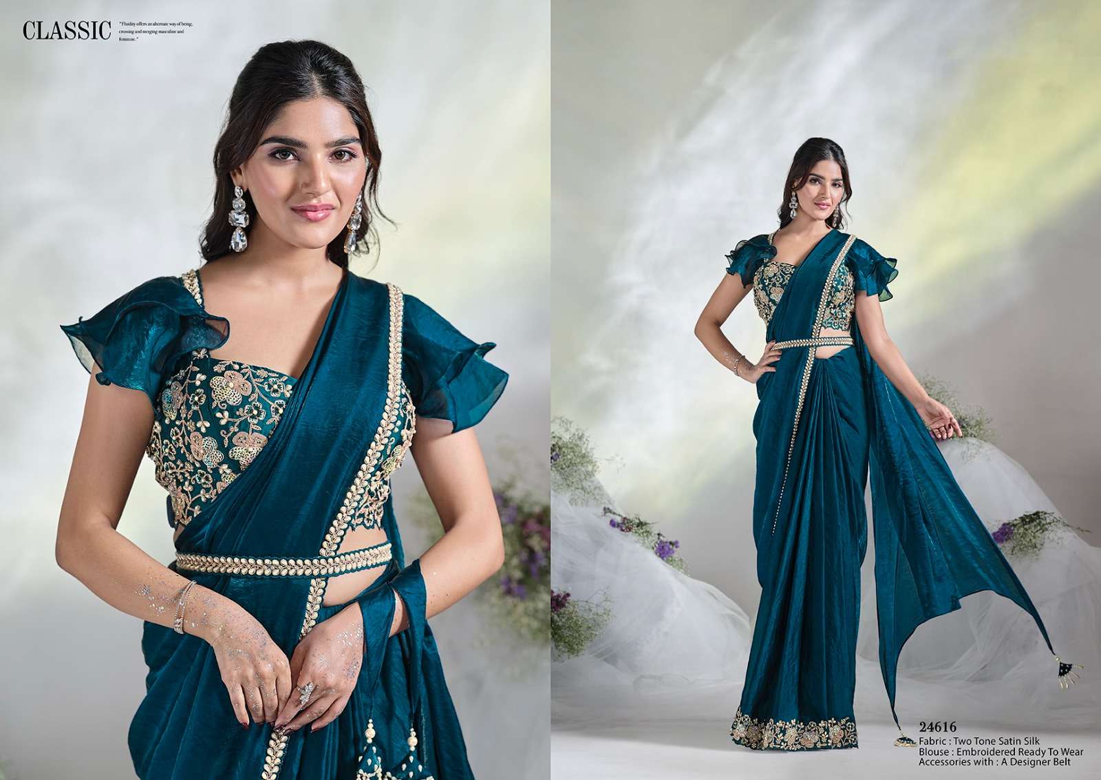 DESIGNER FANCY WEDDING PARTY WEAR INDIAN BLUE SARTIN SILK SAREE COLLECTION NVN MAHTSAV 24616