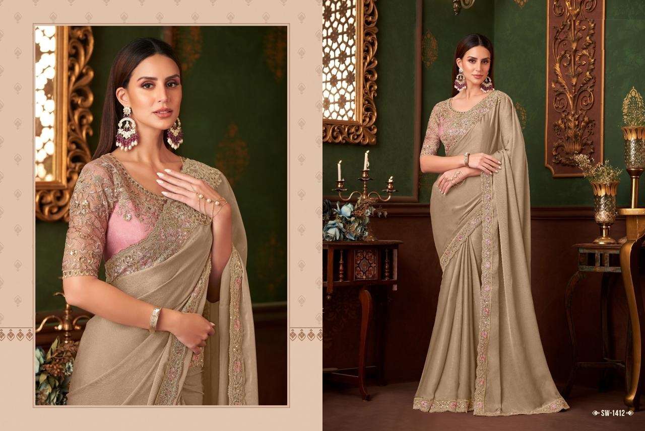 DESIGNER FANCY WEDDING PARTY WEAR INDIAN CHIKU SARTIN SILK SAREE COLLECTION SM TFH 1412