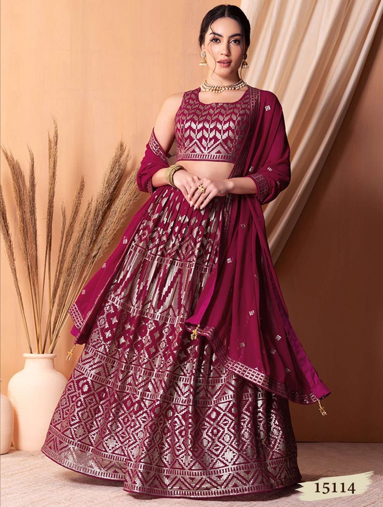 DESIGNER FANCY WEDDING PARTY WEAR INDIAN DARK PINK GEORGETTE LEHENGA CHOLI WITH DUPATTA ZC 15114