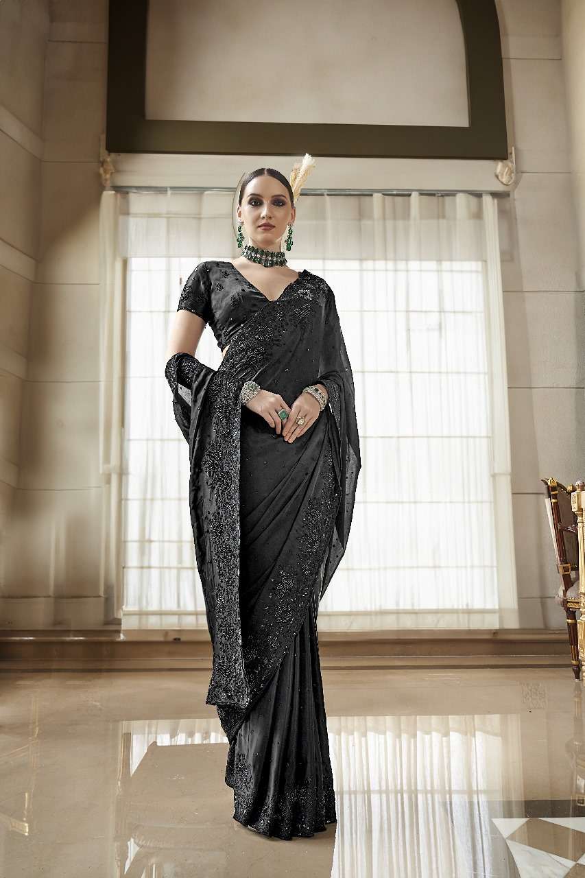 DESIGNER FANCY WEDDING PARTY WEAR INDIAN FANCY BLACK SILK HAND WORK SAREE COLLECTION SM KALA JAMUN 1003