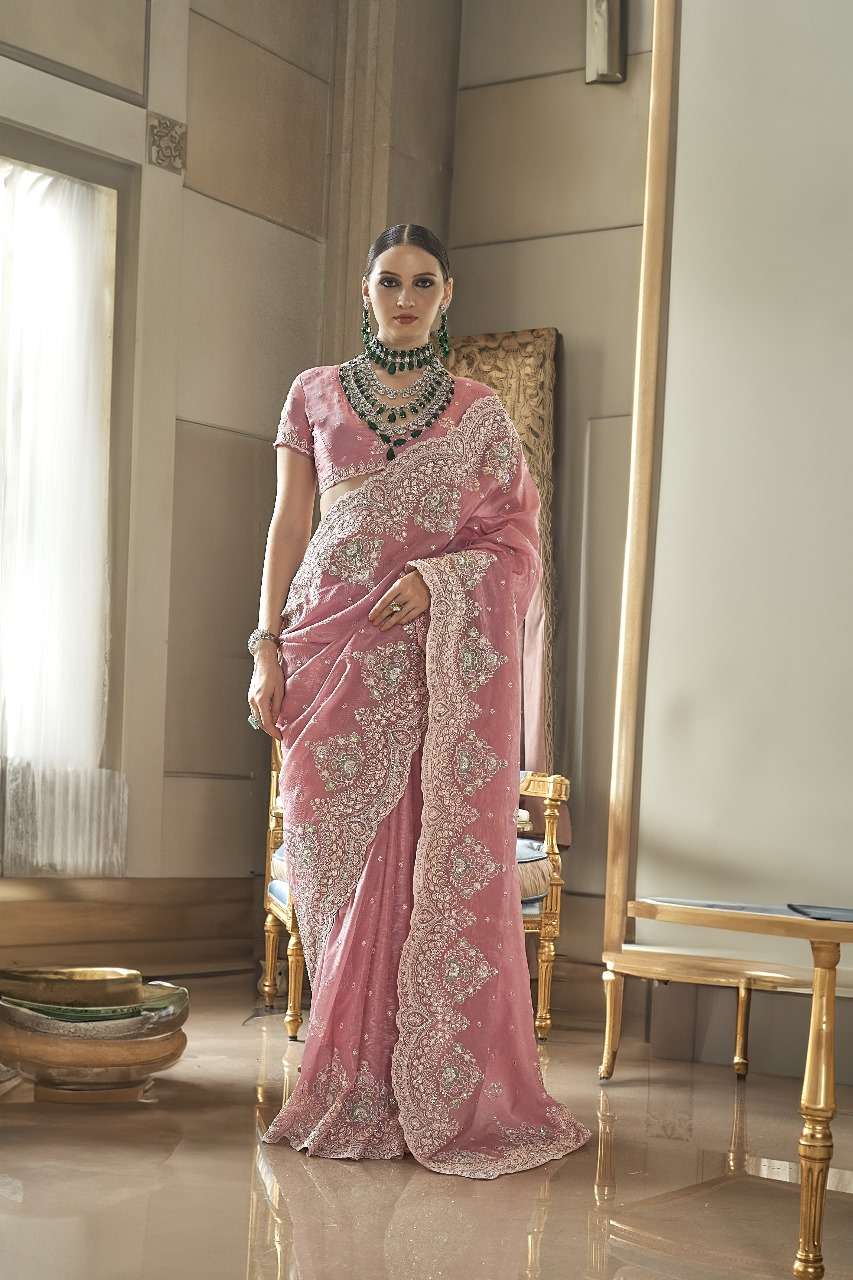 DESIGNER FANCY WEDDING PARTY WEAR INDIAN FANCY PINK SILK HAND WORK SAREE COLLECTION SM KALA JAMUN 1001