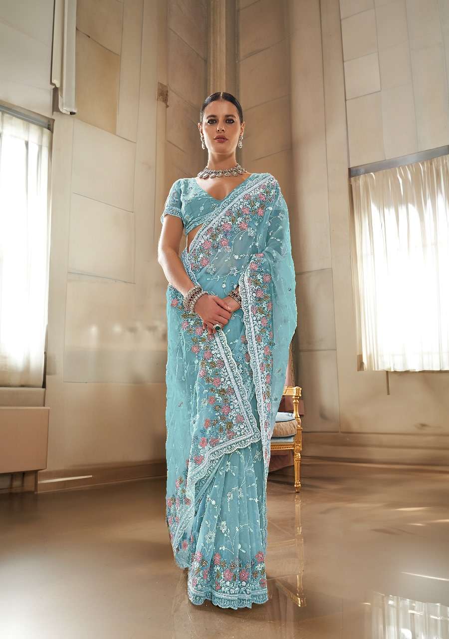 DESIGNER FANCY WEDDING PARTY WEAR INDIAN FANCY SKY BLUE SILK HAND WORK SAREE COLLECTION SM KALA JAMUN 1005