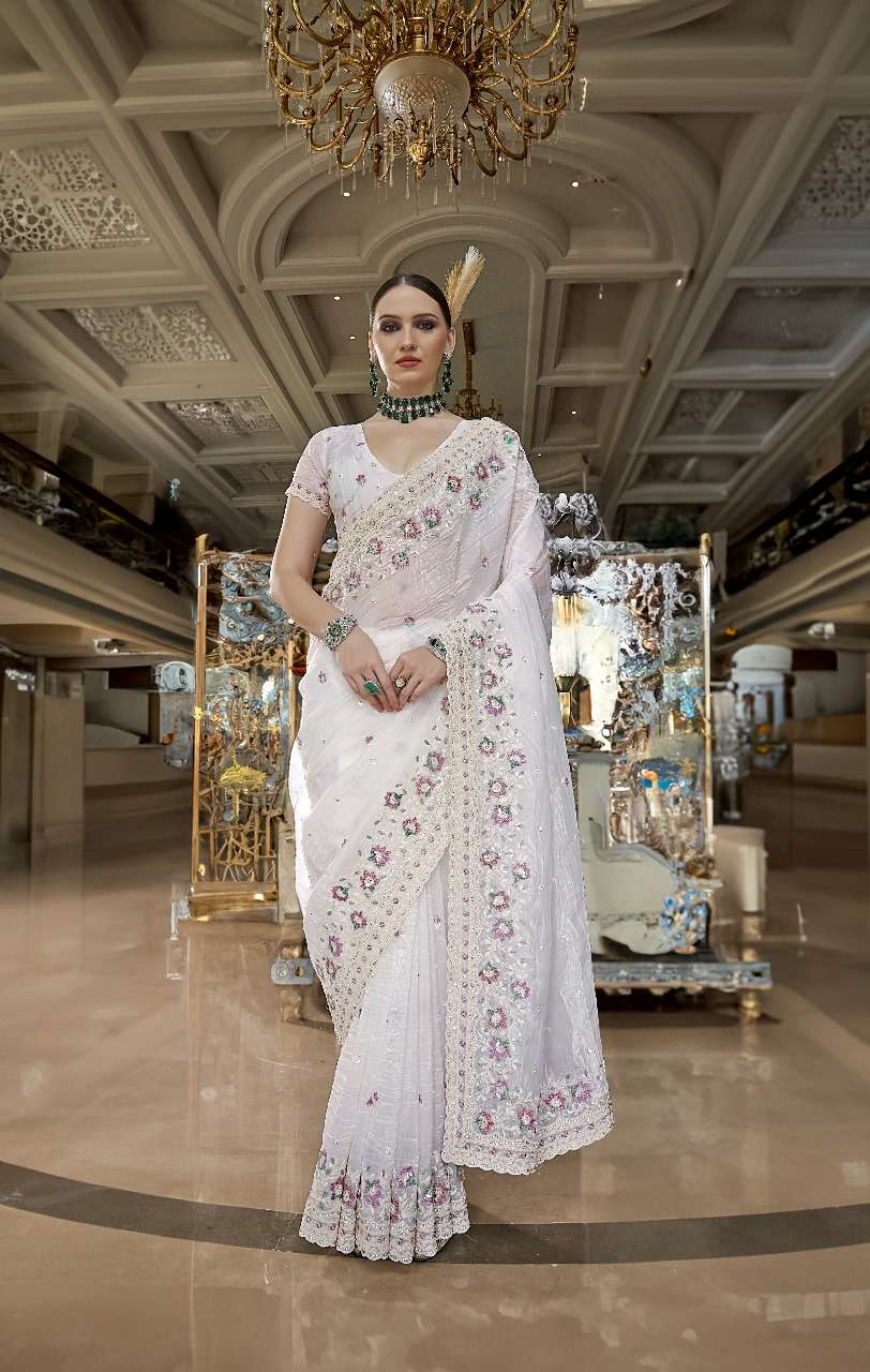 DESIGNER FANCY WEDDING PARTY WEAR INDIAN FANCY WHITE SILK HAND WORK SAREE COLLECTION SM KALA JAMUN 1004