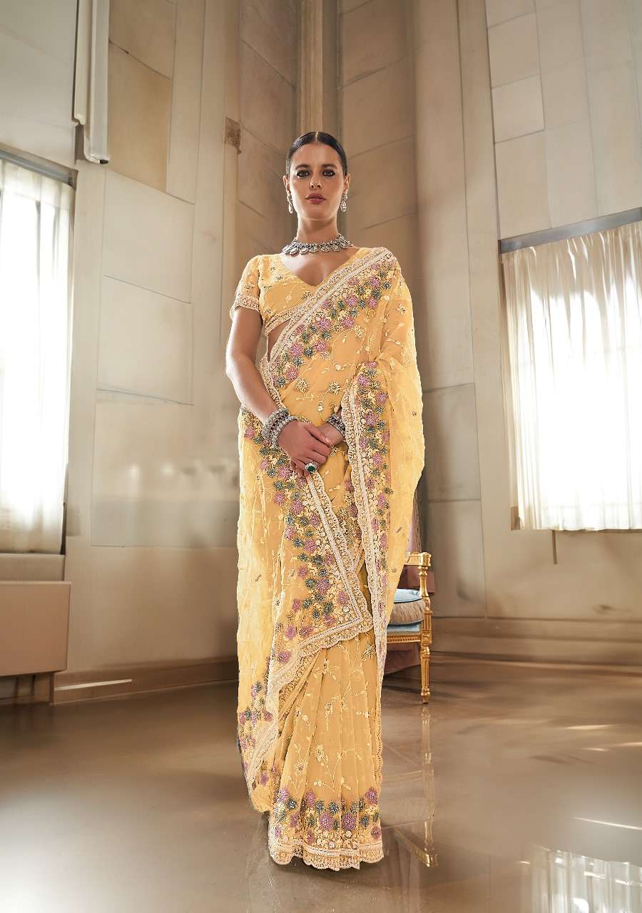 DESIGNER FANCY WEDDING PARTY WEAR INDIAN FANCY YELLOW SILK HAND WORK SAREE COLLECTION SM KALA JAMUN 1005 B