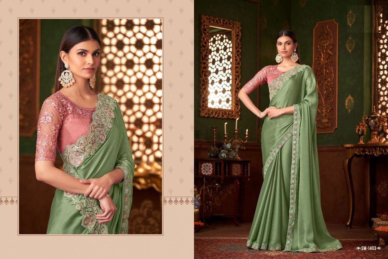 DESIGNER FANCY WEDDING PARTY WEAR INDIAN GREEN SARTIN SILK SAREE COLLECTION SM TFH 1403