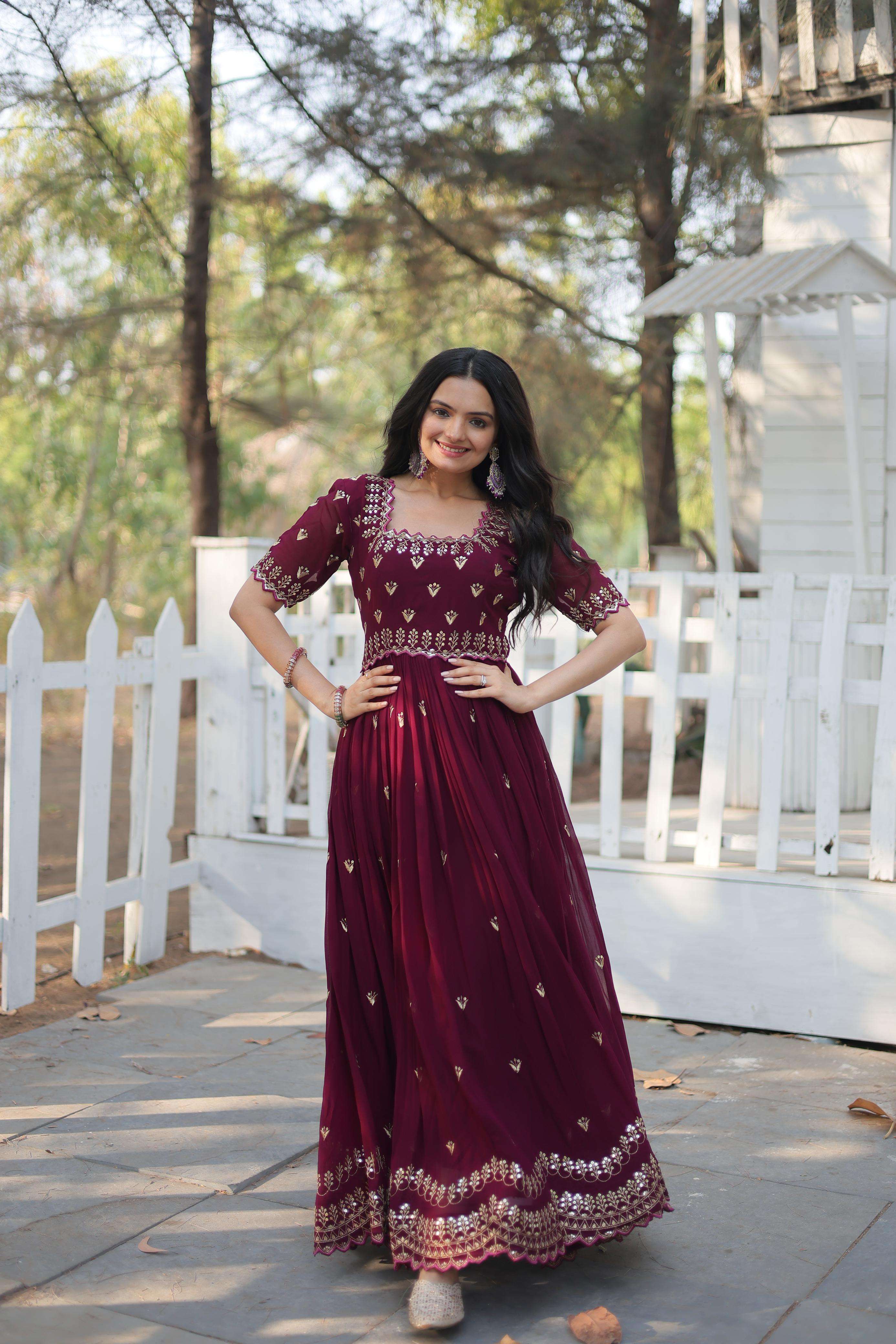 DESIGNER FANCY WEDDING PARTY WEAR INDIAN MAROON ANARKALI GOWN IN BLOOMING FABRIC LW 1111 A