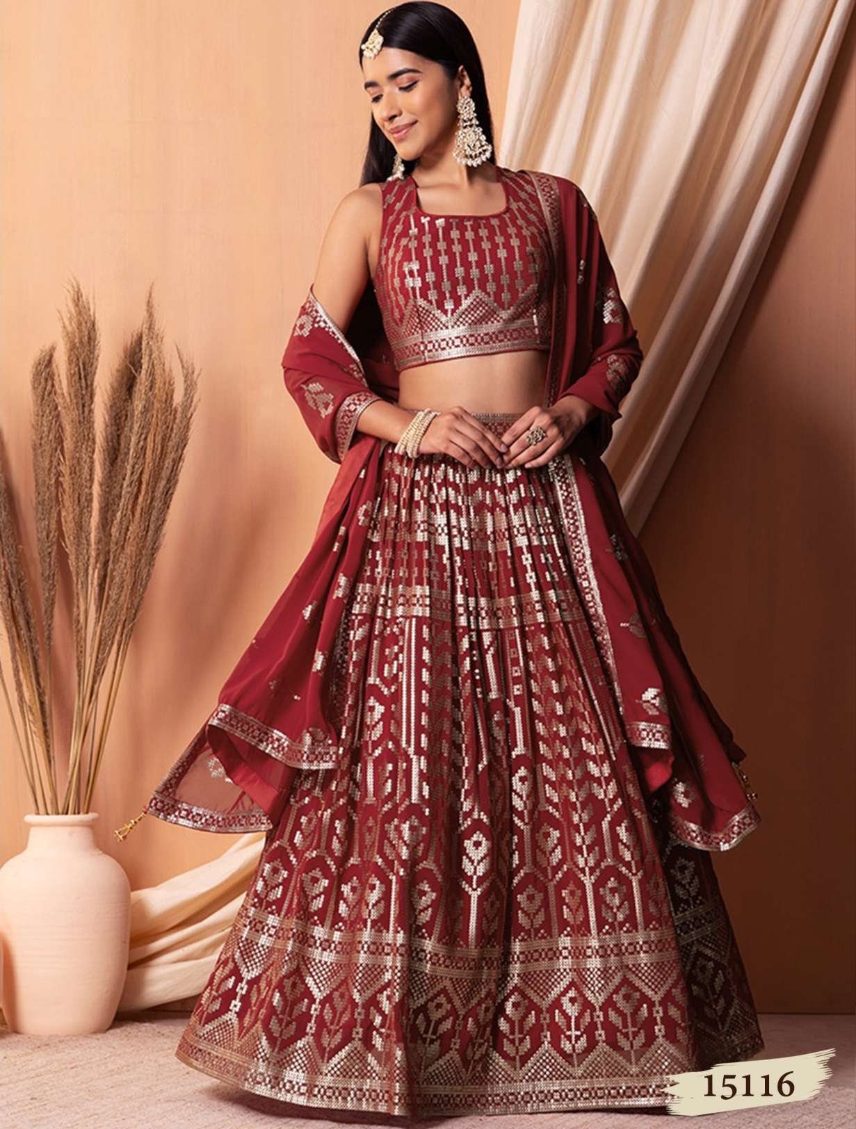 DESIGNER FANCY WEDDING PARTY WEAR INDIAN MAROON GEORGETTE LEHENGA CHOLI WITH DUPATTA ZC 15116